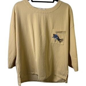 Women's 3/4 Sleeve Top with Embroidered Pocket - yellow